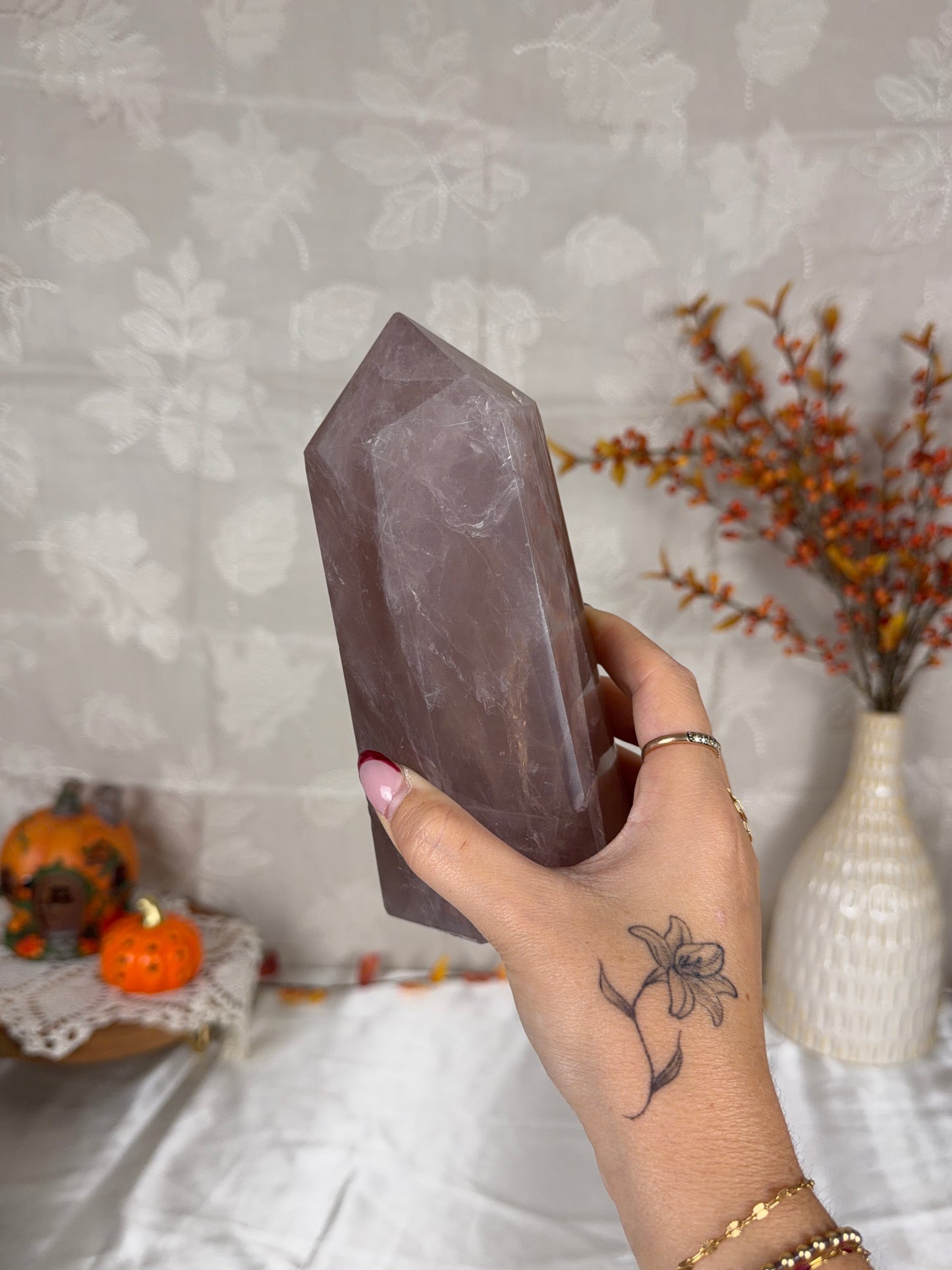 Mauve Brown Gold Flash Rose Quartz Tower (158)