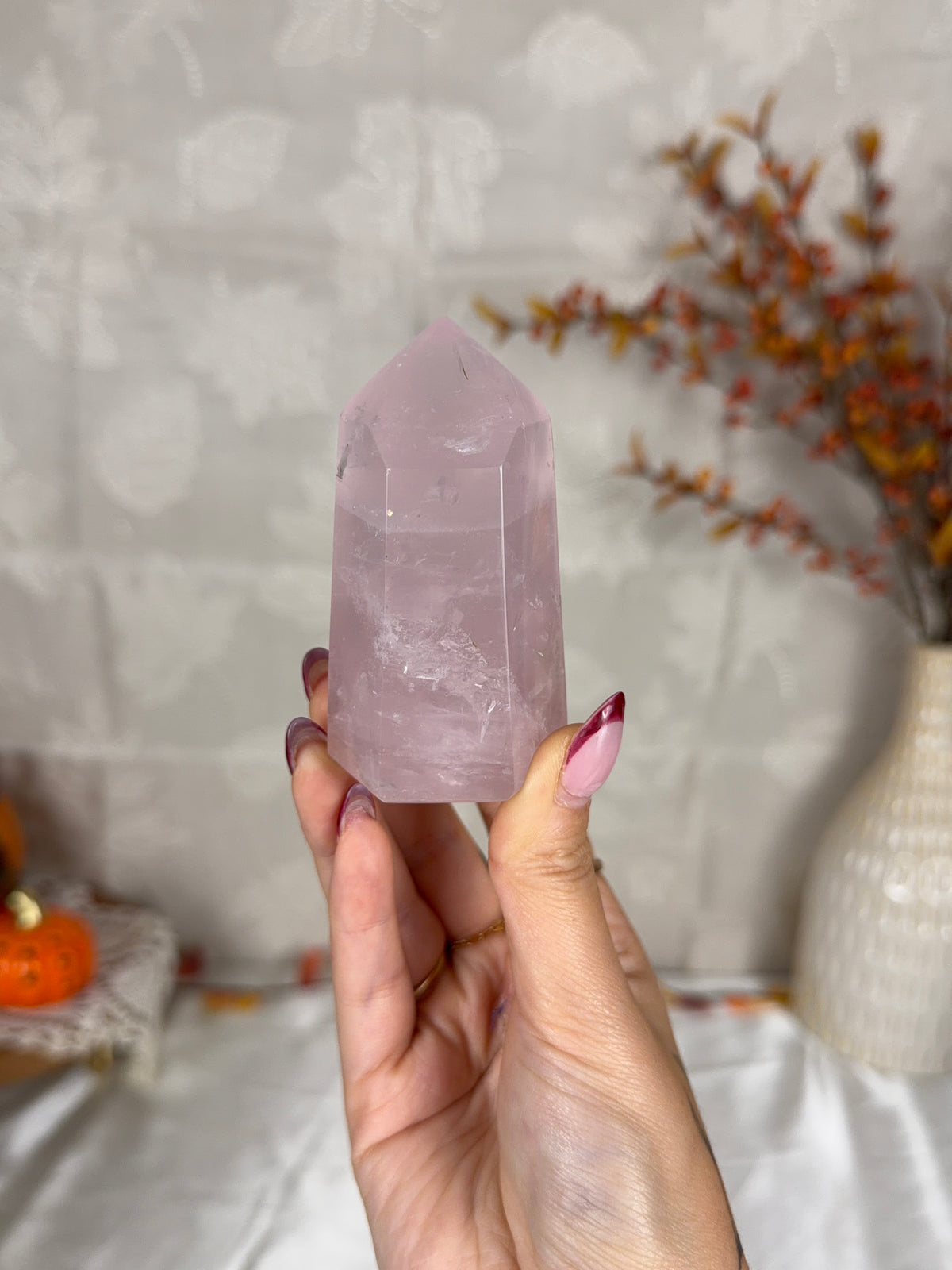 Pink Watery Rainbow Rose Quartz Tower (24)