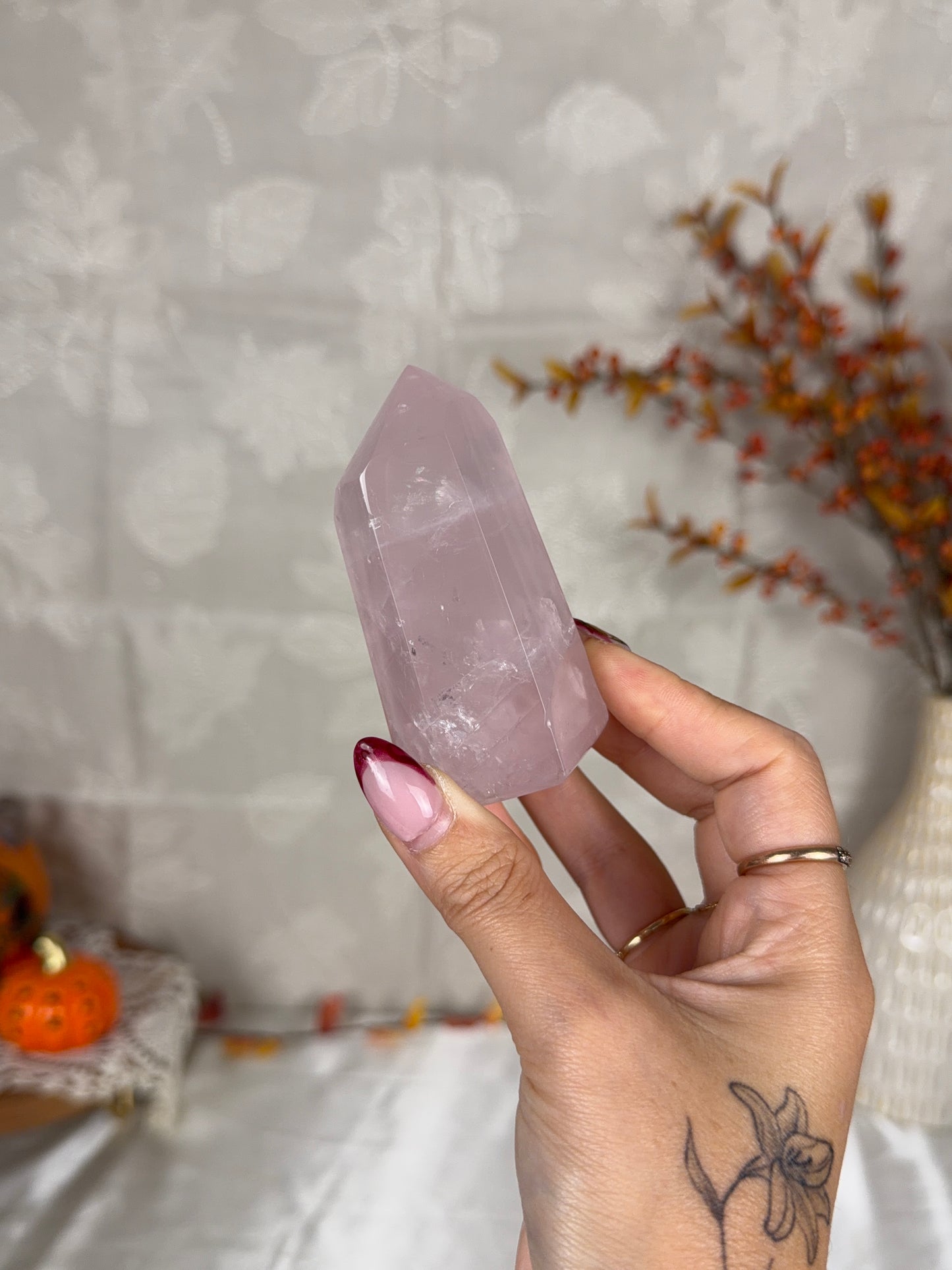 Pink Watery Rainbow Rose Quartz Tower (24)