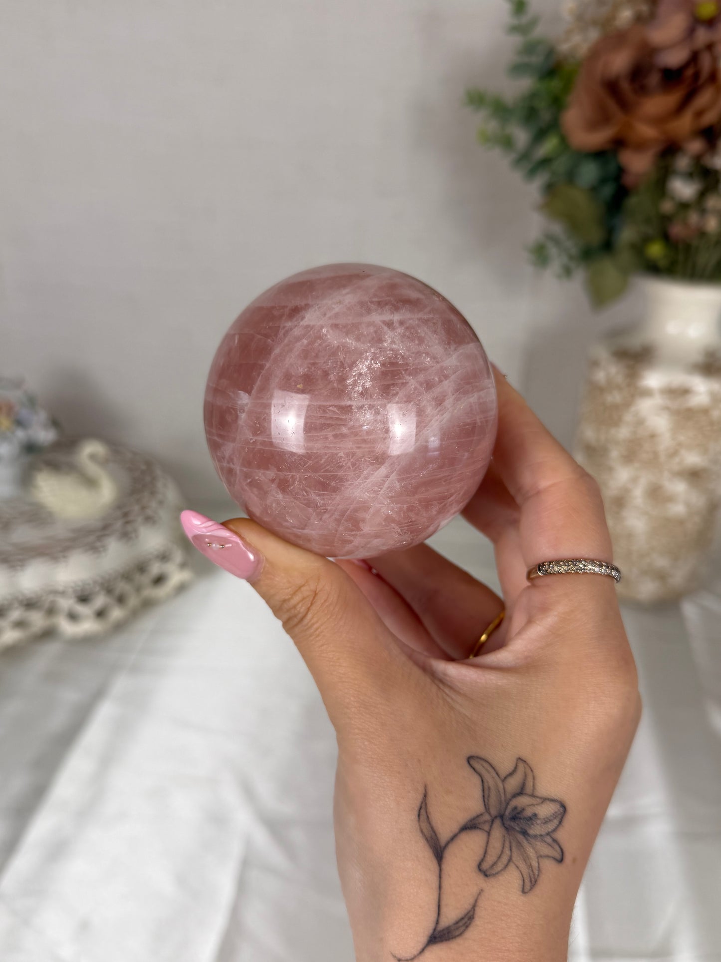 *Peachy Pink Star Rose Quartz Sphere 69mm (46O)