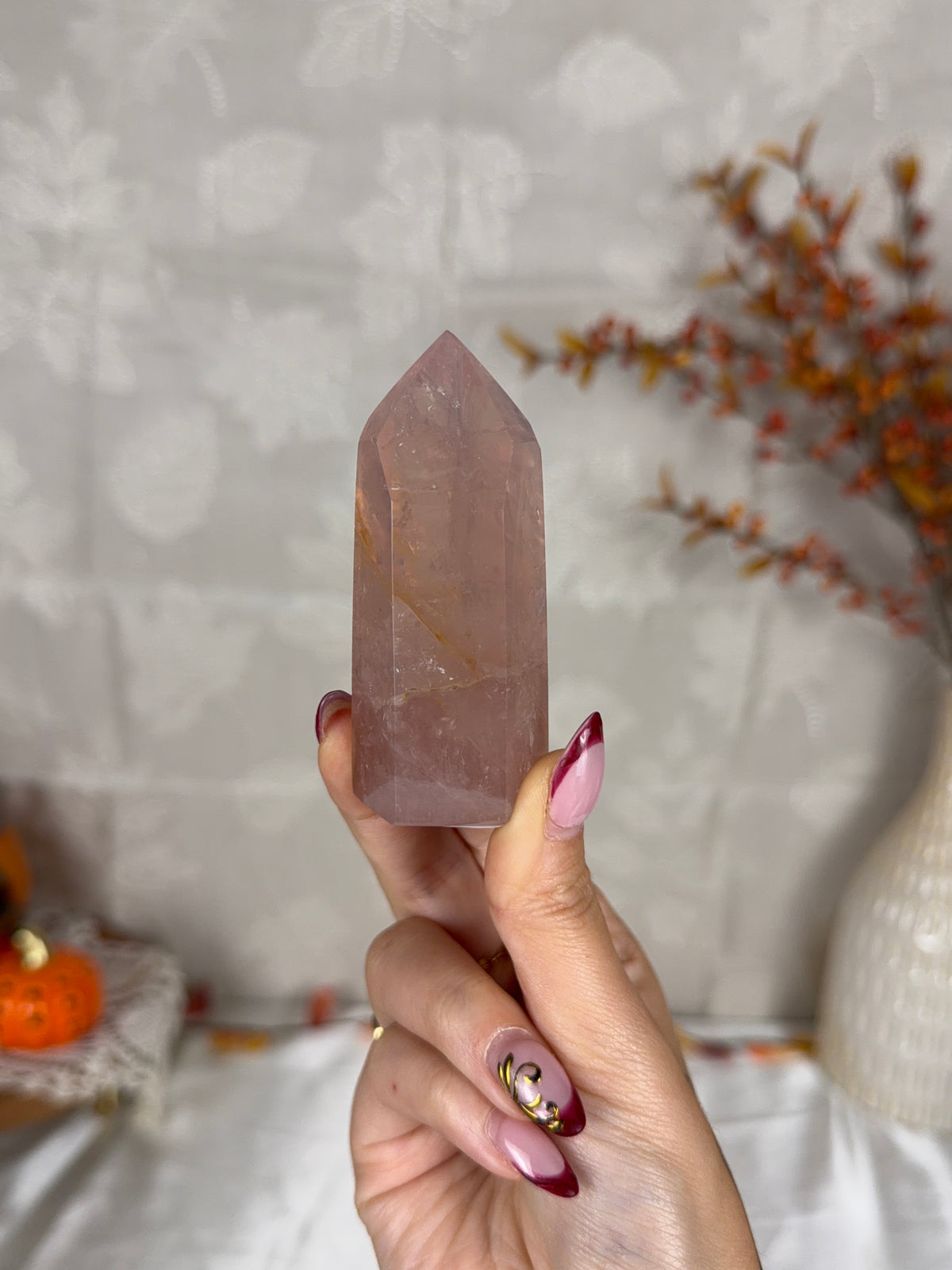 *Mauve Watery Gold Flash Rose Quartz Tower (14C)