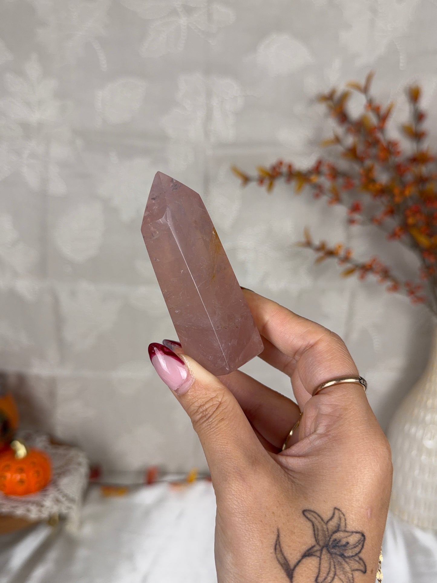 *Mauve Watery Gold Flash Rose Quartz Tower (14C)