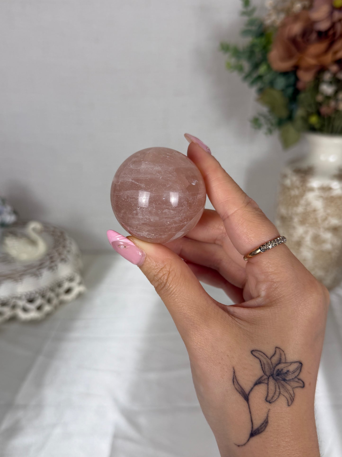*Light Peach Star Rose Quartz Sphere (14W)