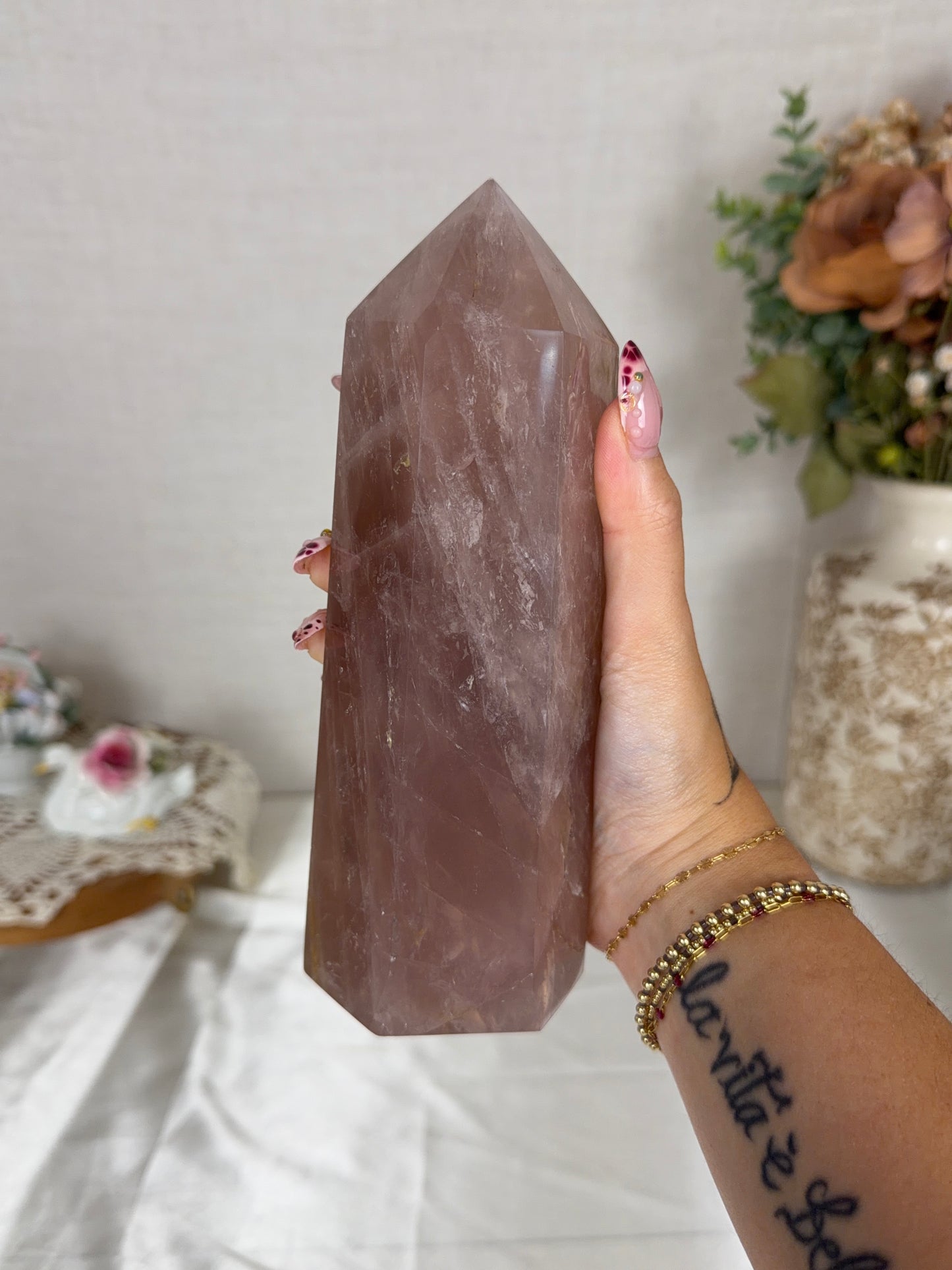 Golden Flash Brown Rose Quartz Tower (186X)