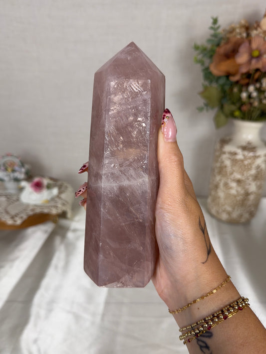 Golden Flash Mauve Rose Quartz Tower (128X)