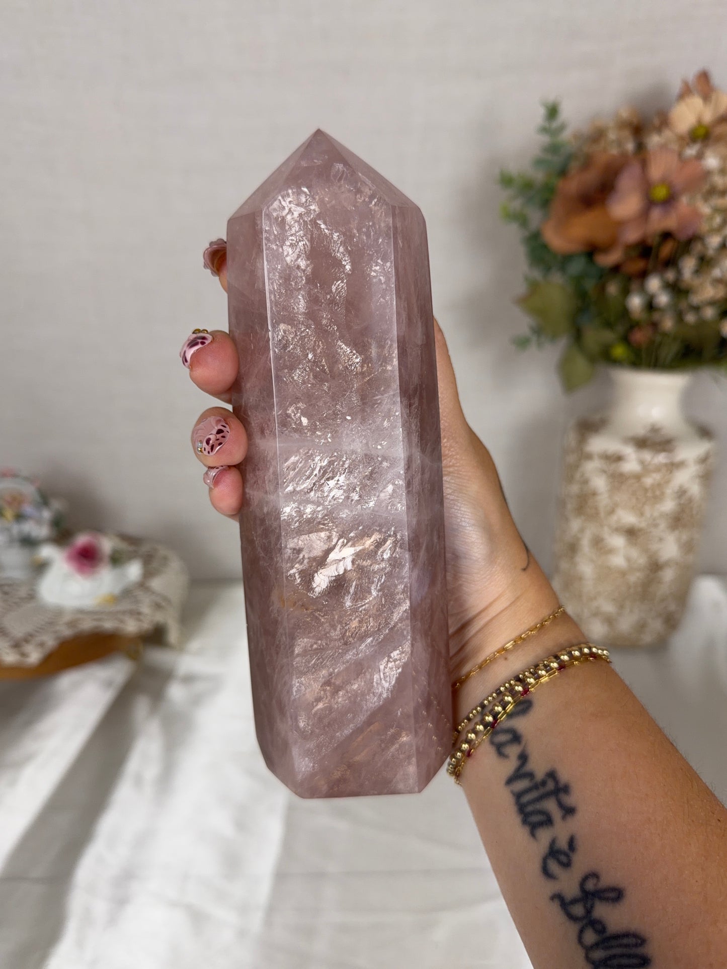 Golden Flash Mauve Rose Quartz Tower (128X)