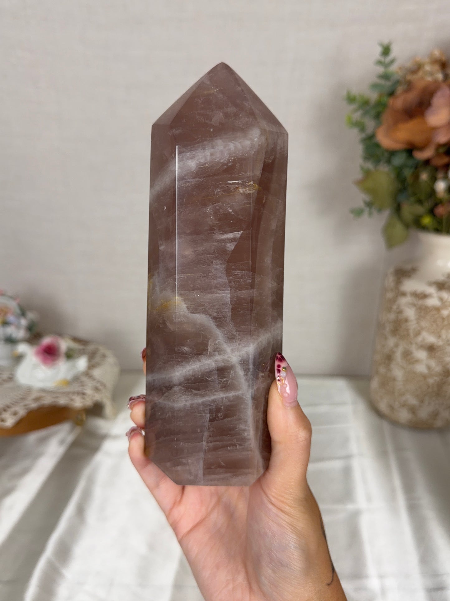 Golden Flash Brown Rose Quartz Tower (142A)