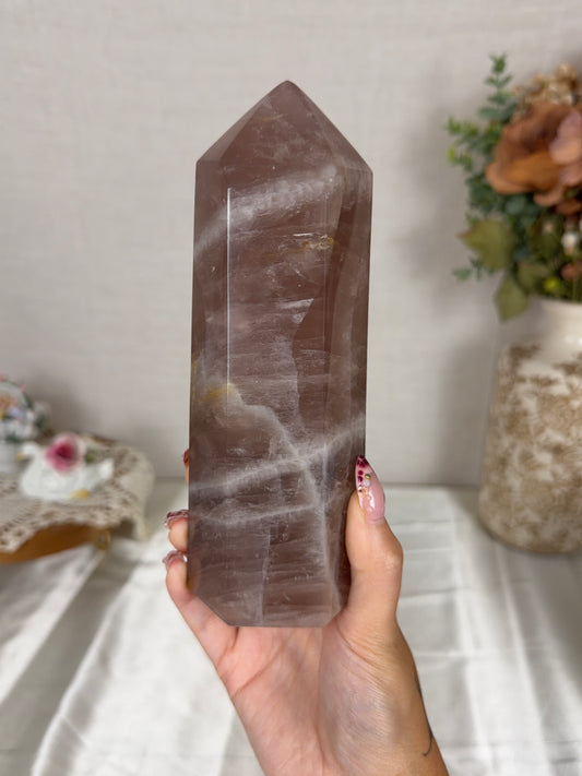 Golden Flash Brown Rose Quartz Tower (142A)