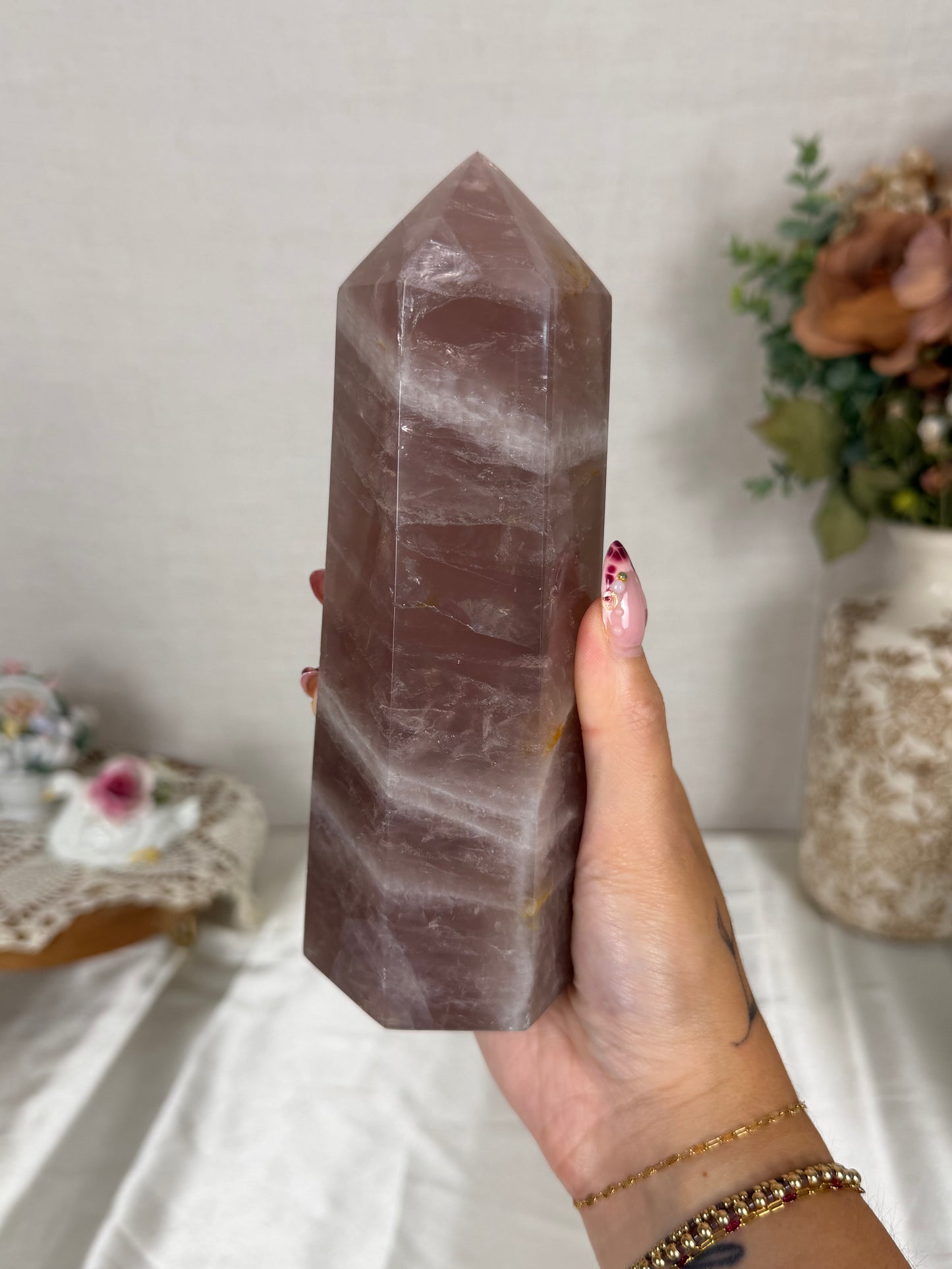 Golden Flash Brown Rose Quartz Tower (142A)