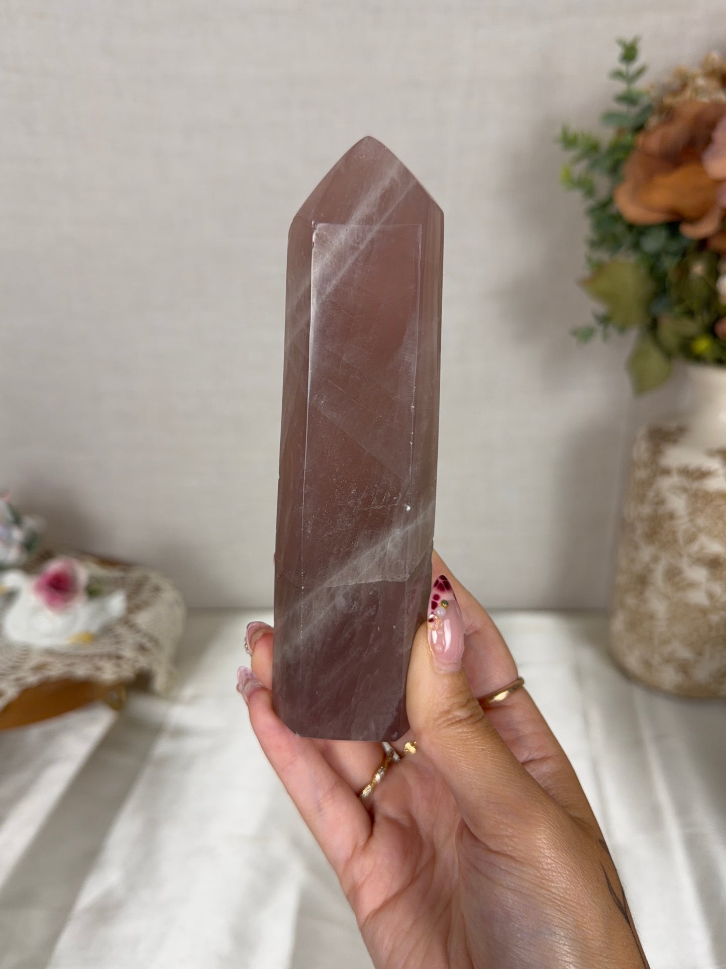 Golden Flash Smoky Mauve Rose Quartz Tower (52G)