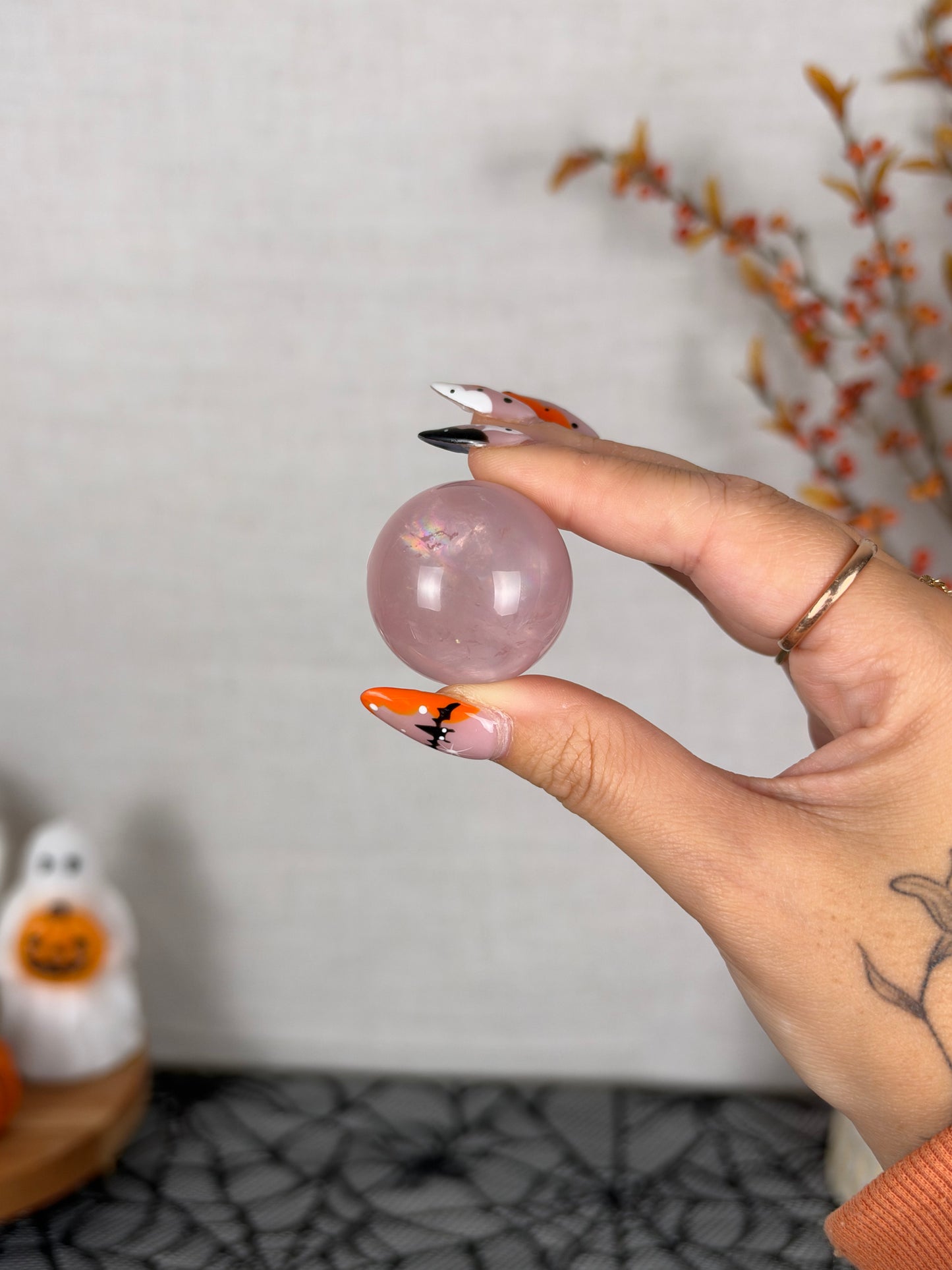 **Double Star Extra Juicy Rainbow Mini Star Rose Quartz Sphere (12AH)