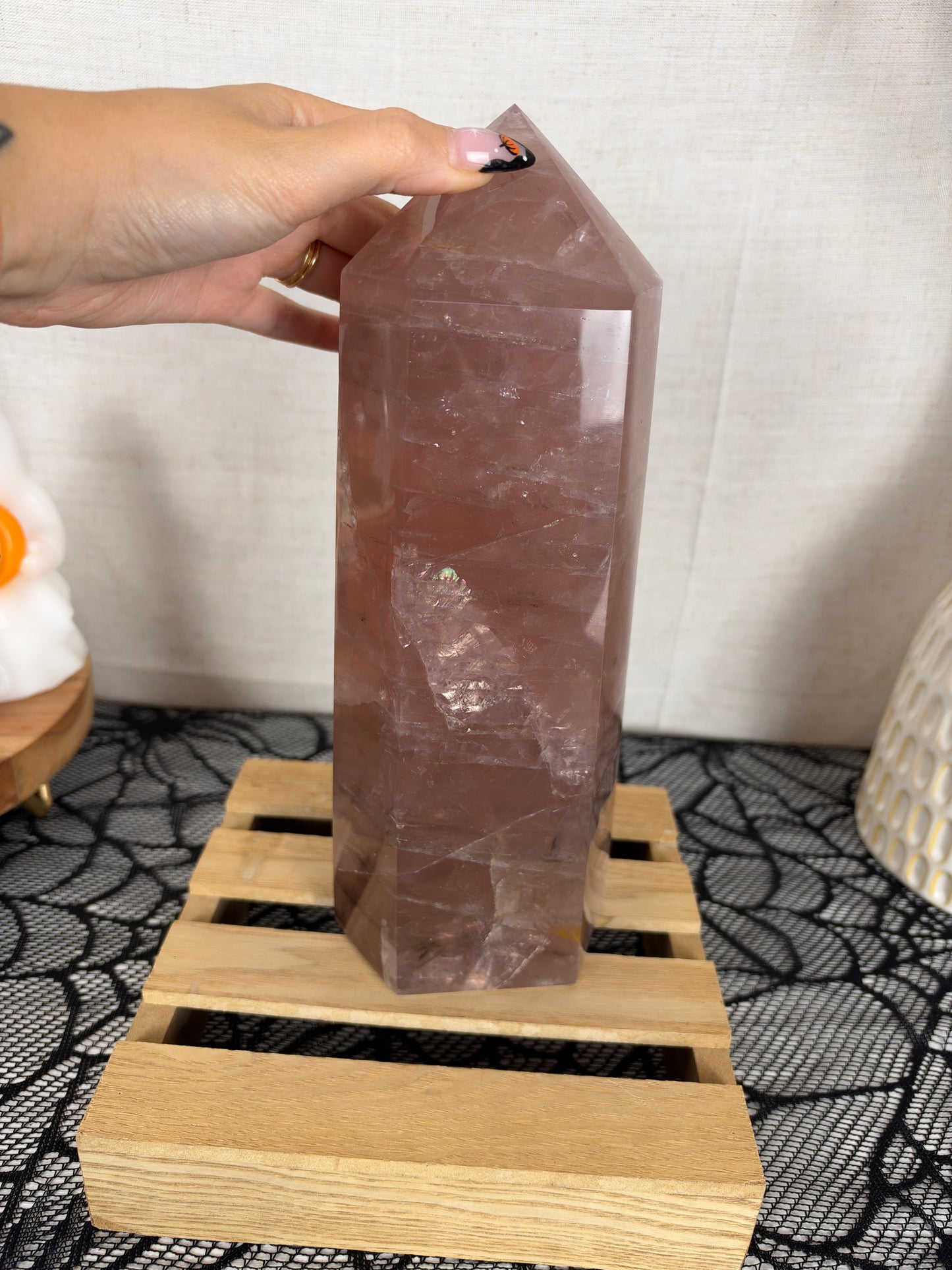 XL Statement Pink Mauve Golden Flash Rose Quartz Tower (488)