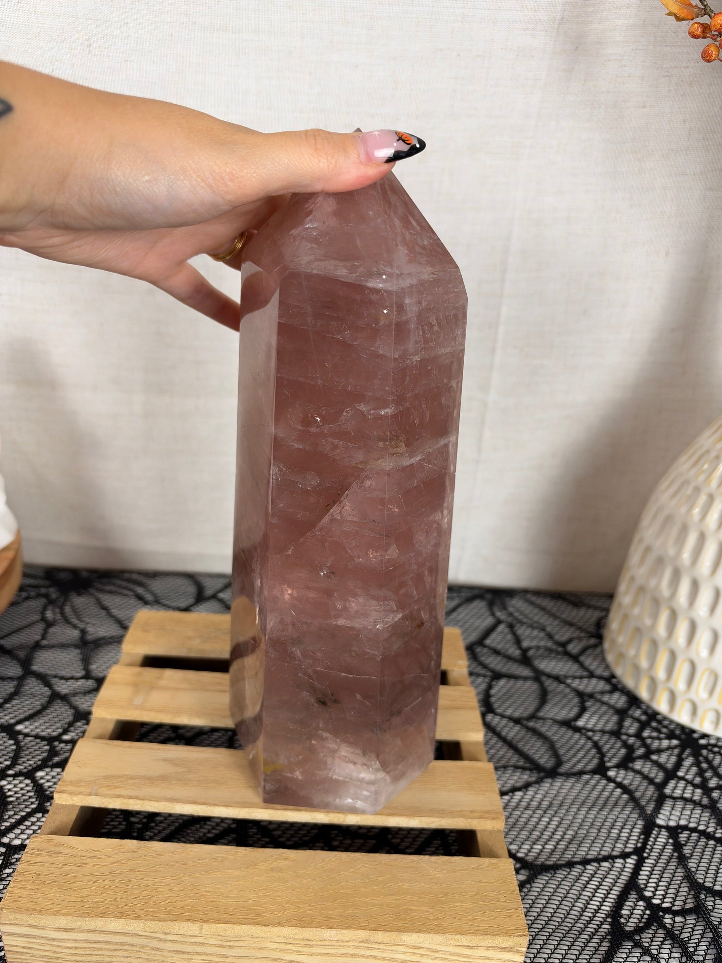XL Statement Pink Mauve Golden Flash Rose Quartz Tower (488)