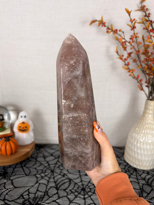 Large Statement Brown Golden Flash Rose Quartz Tower (198Z)
