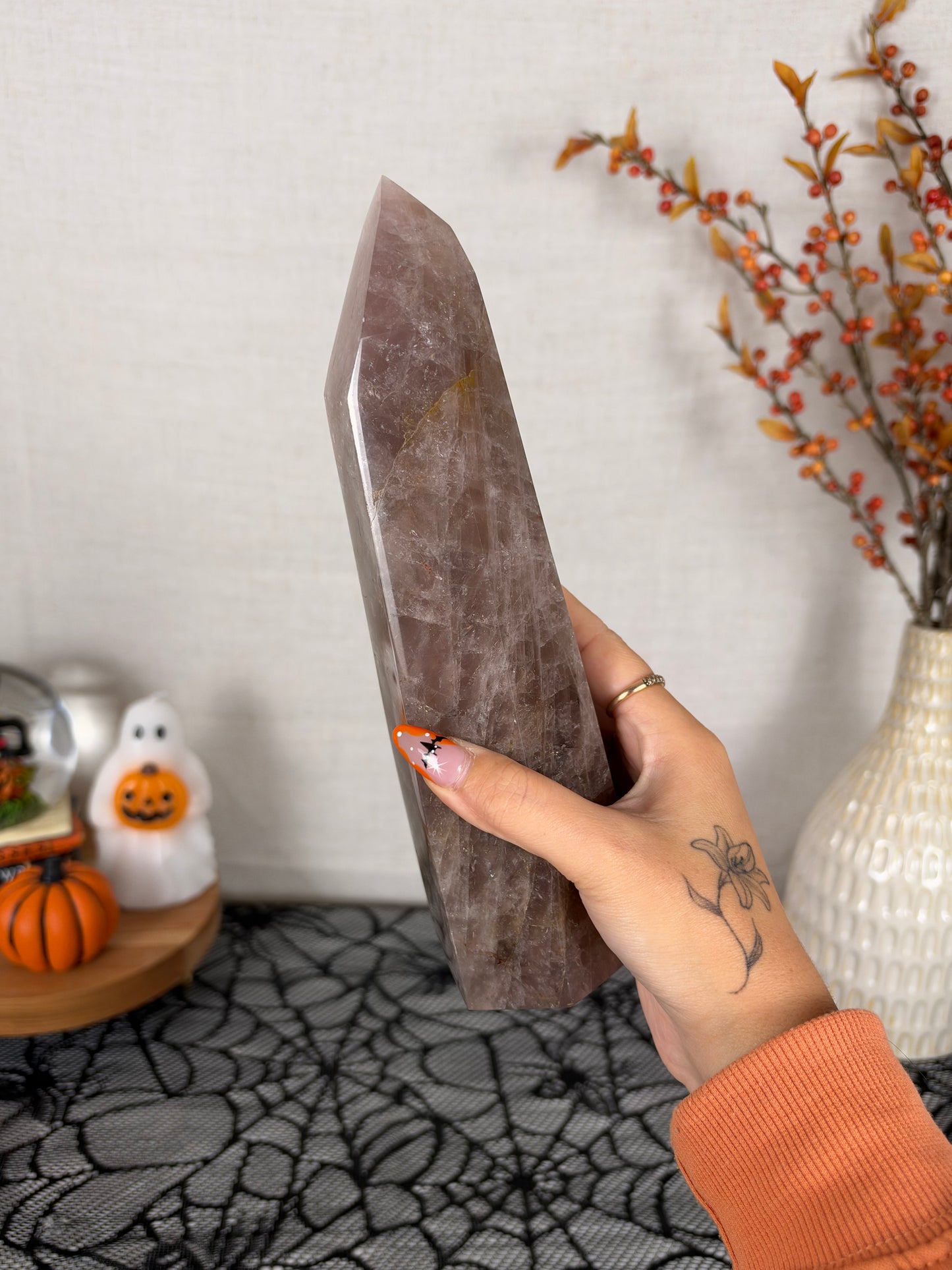Large Statement Brown Golden Flash Rose Quartz Tower (198Z)