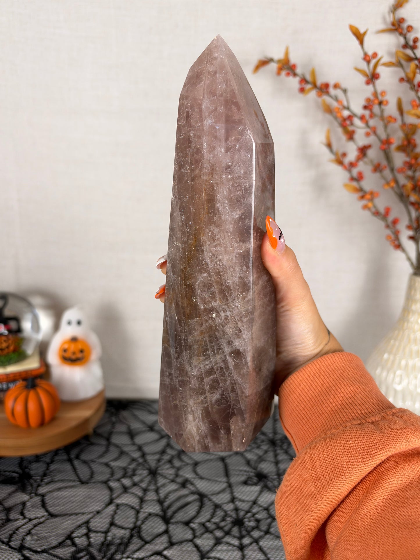 Large Statement Brown Golden Flash Rose Quartz Tower (198Z)