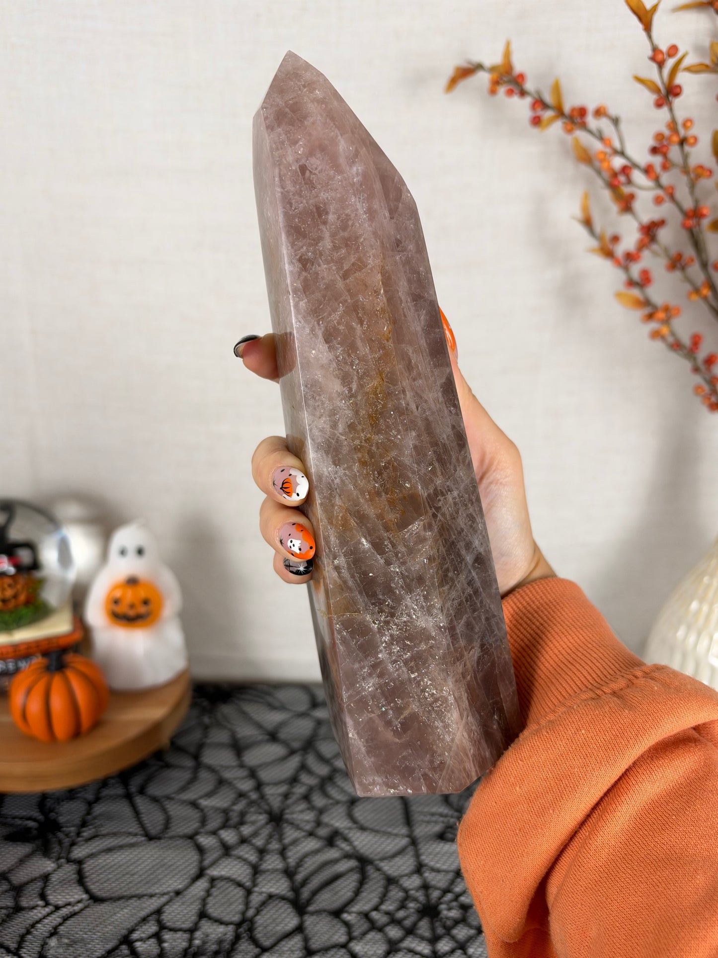 Large Statement Brown Golden Flash Rose Quartz Tower (198Z)