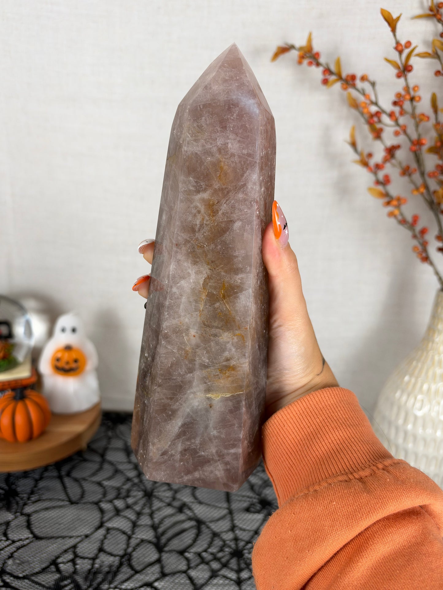 Large Statement Brown Golden Flash Rose Quartz Tower (198Z)