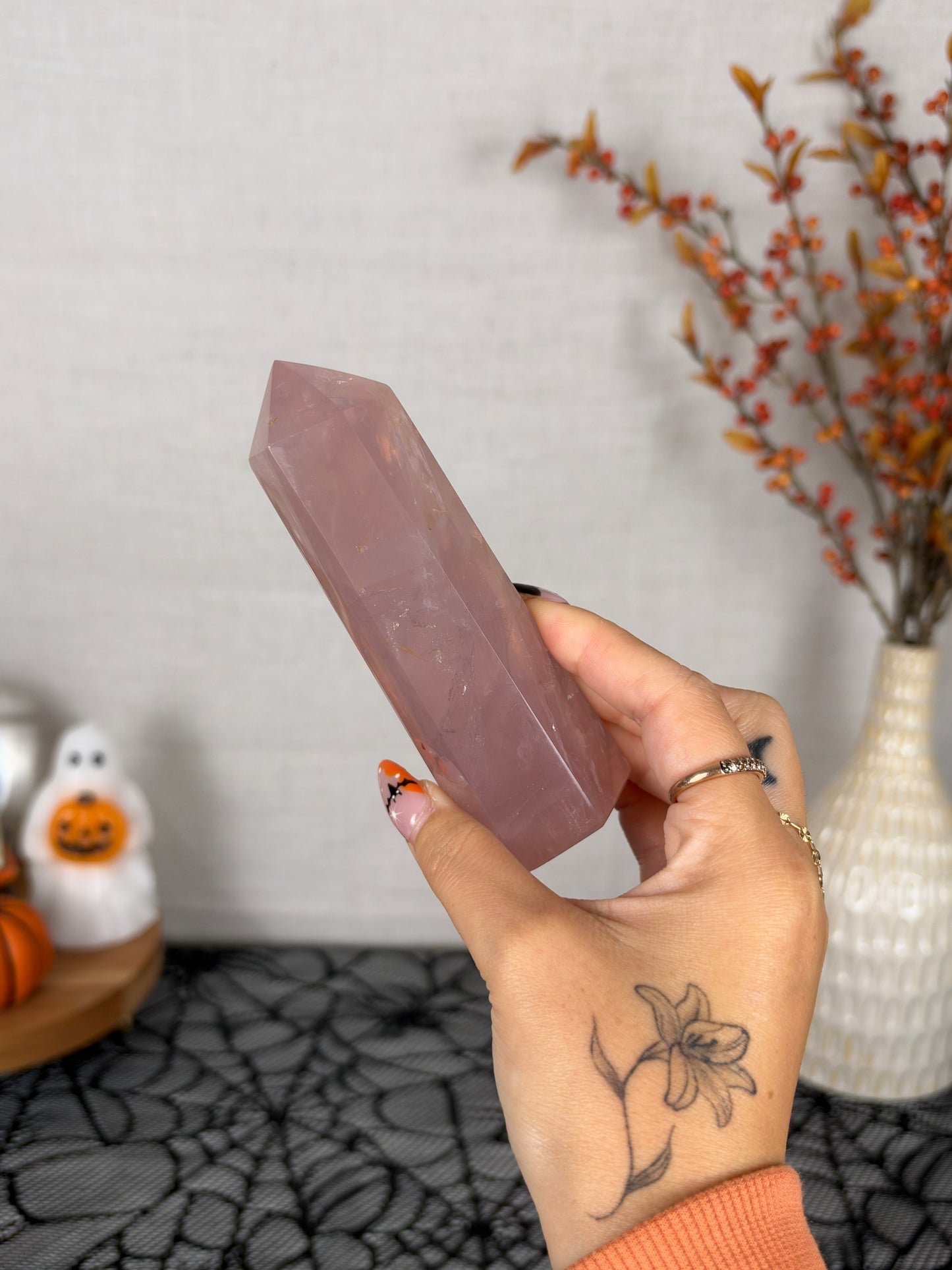 Juicy Mauve Golden Flash Rose Quartz Tower (40G)
