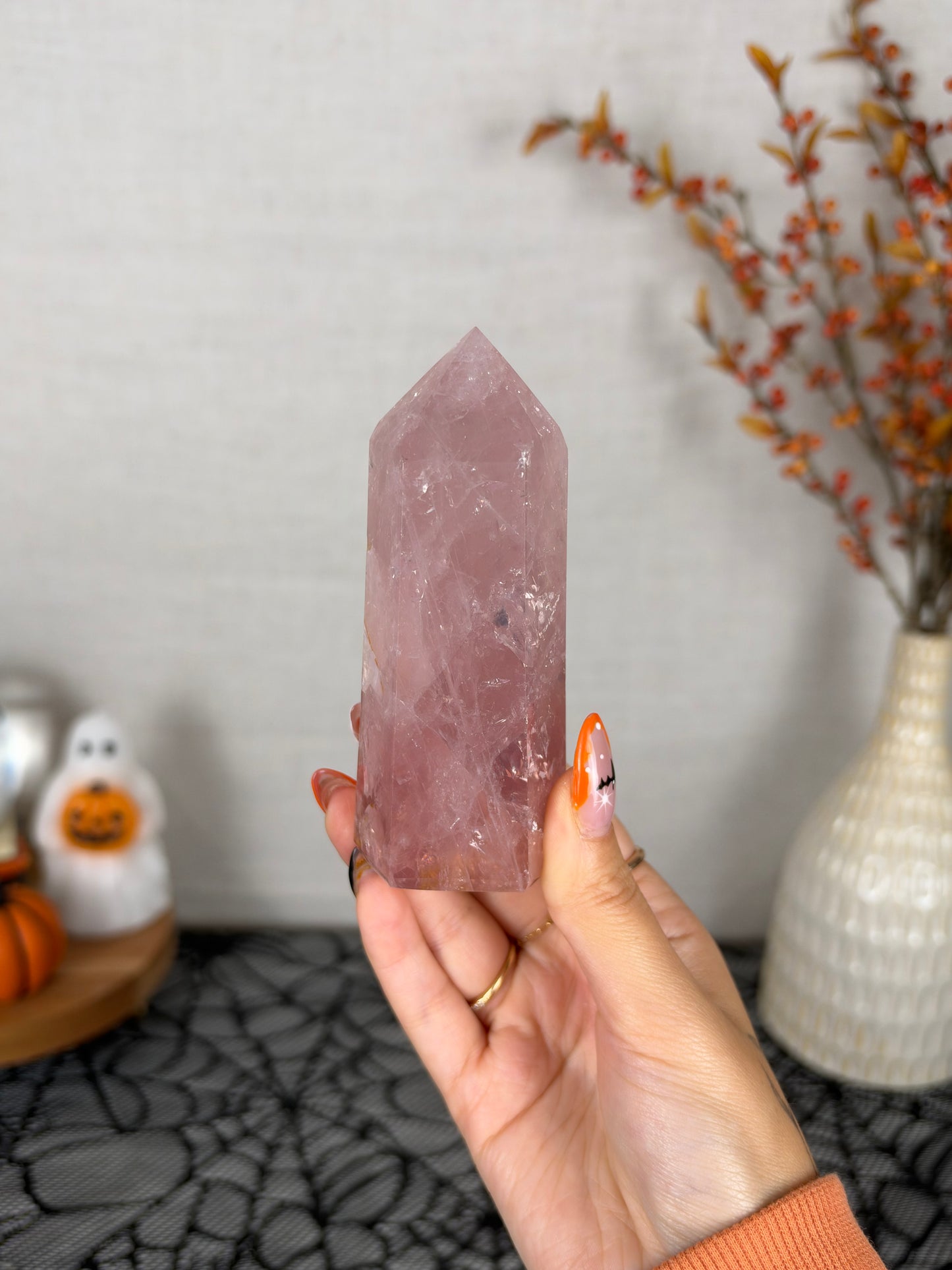 Extra Juicy Golden Flash Rose Quartz Tower (40Z)