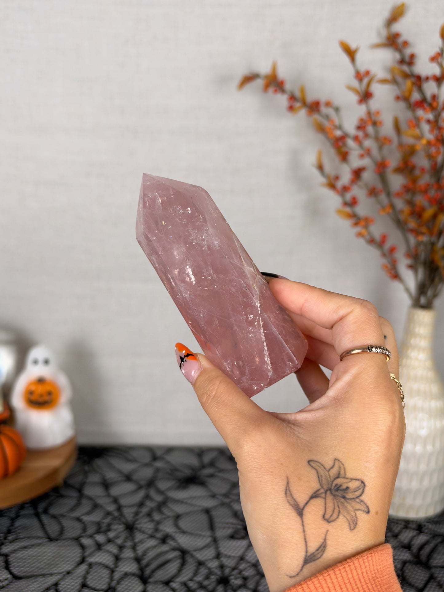 Extra Juicy Golden Flash Rose Quartz Tower (40Z)
