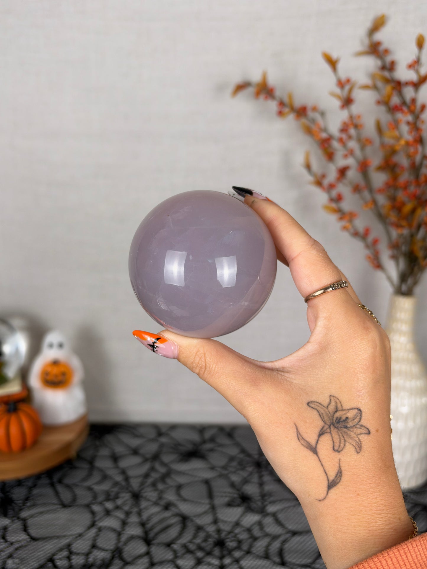 **12-Ray Star Milky Blue Lavender Rose Quartz Sphere 70mm (120X)