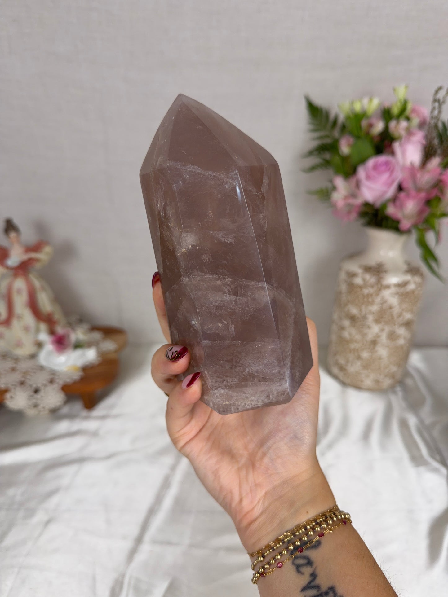 Chunky Chocolate Brown Gold Flash Rose Quartz Tower (134)