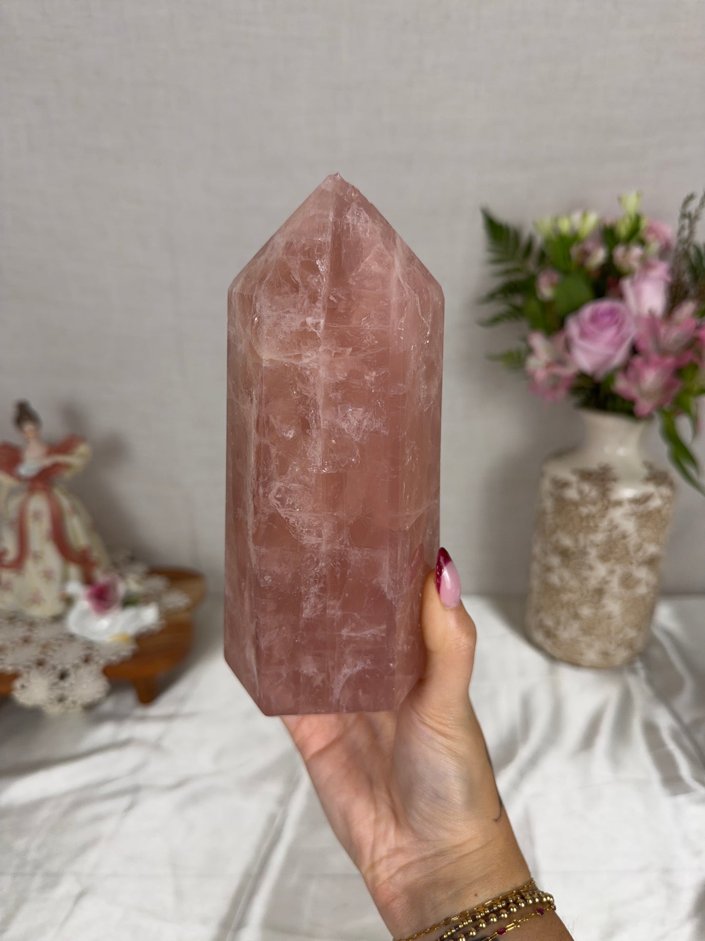 *BROKEN TIP* Electric Peach Gold Flash Rose Quartz Tower (120P)