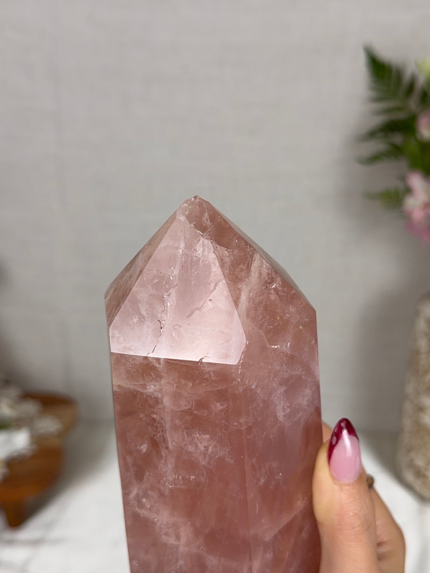 *BROKEN TIP* Electric Peach Gold Flash Rose Quartz Tower (120P)