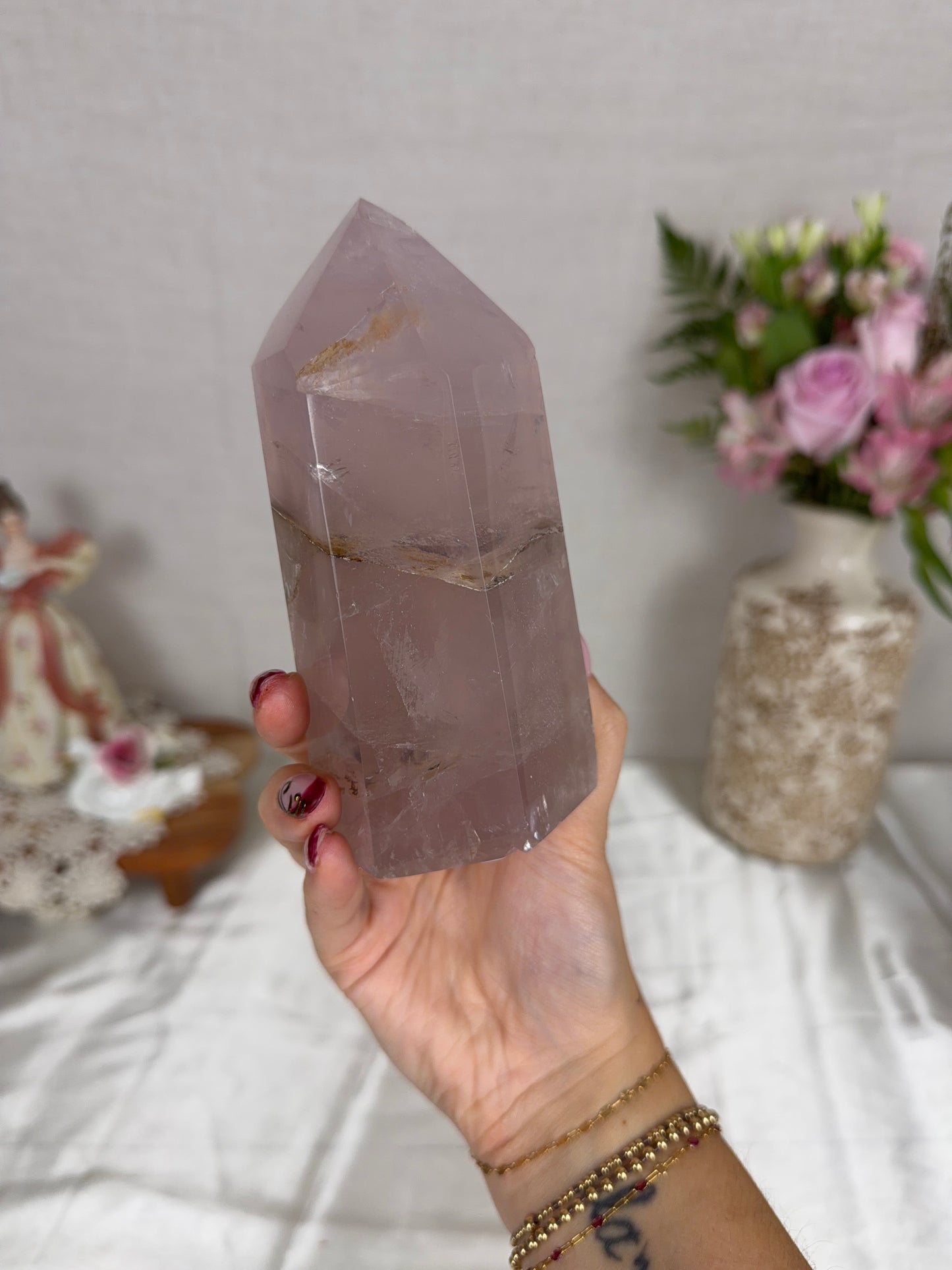 Watery Lavender Gold Flash Rose Quartz Tower (92L)