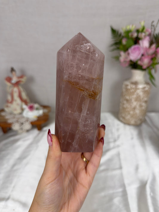 Flashy Golden Mauve Rose Quartz Tower (80G)