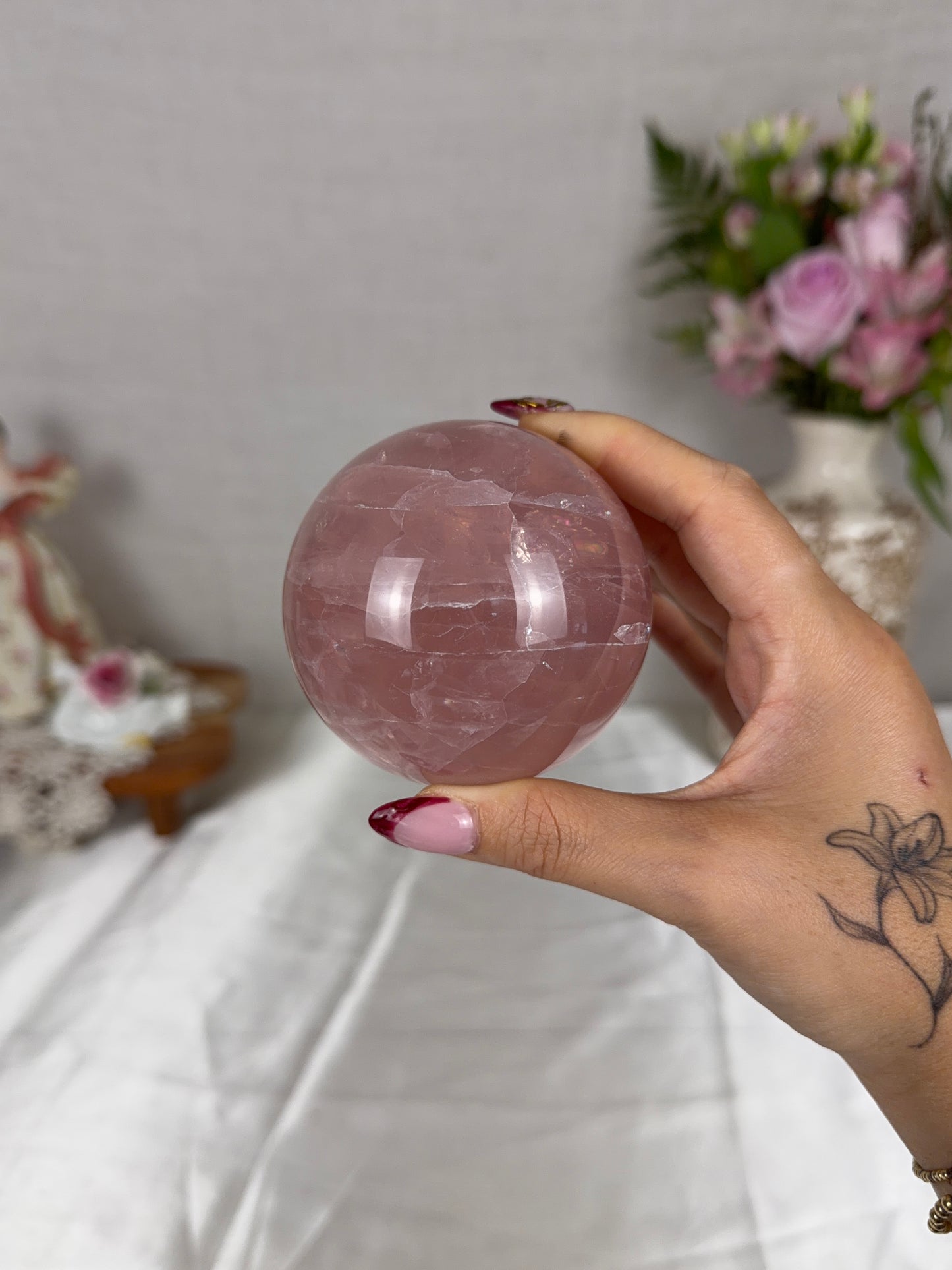 *Juicy Pink Rainbow Star Rose Quartz Sphere 74mm (85X)