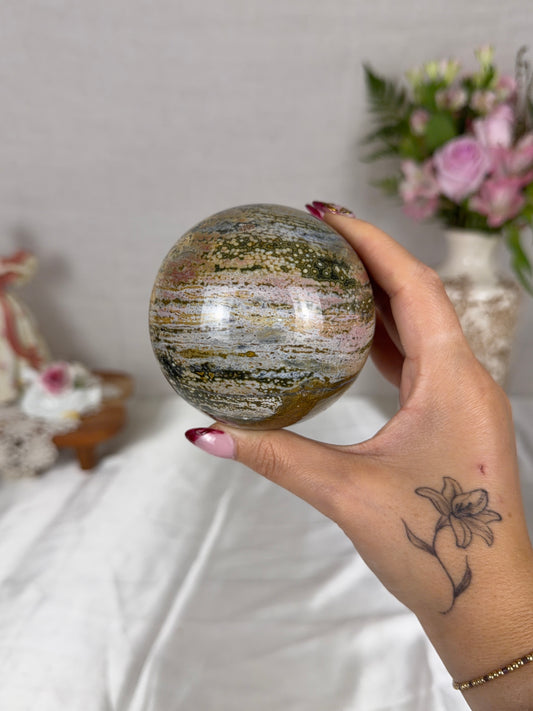 Orbicular Sea Jasper Sphere 81mm (65X)