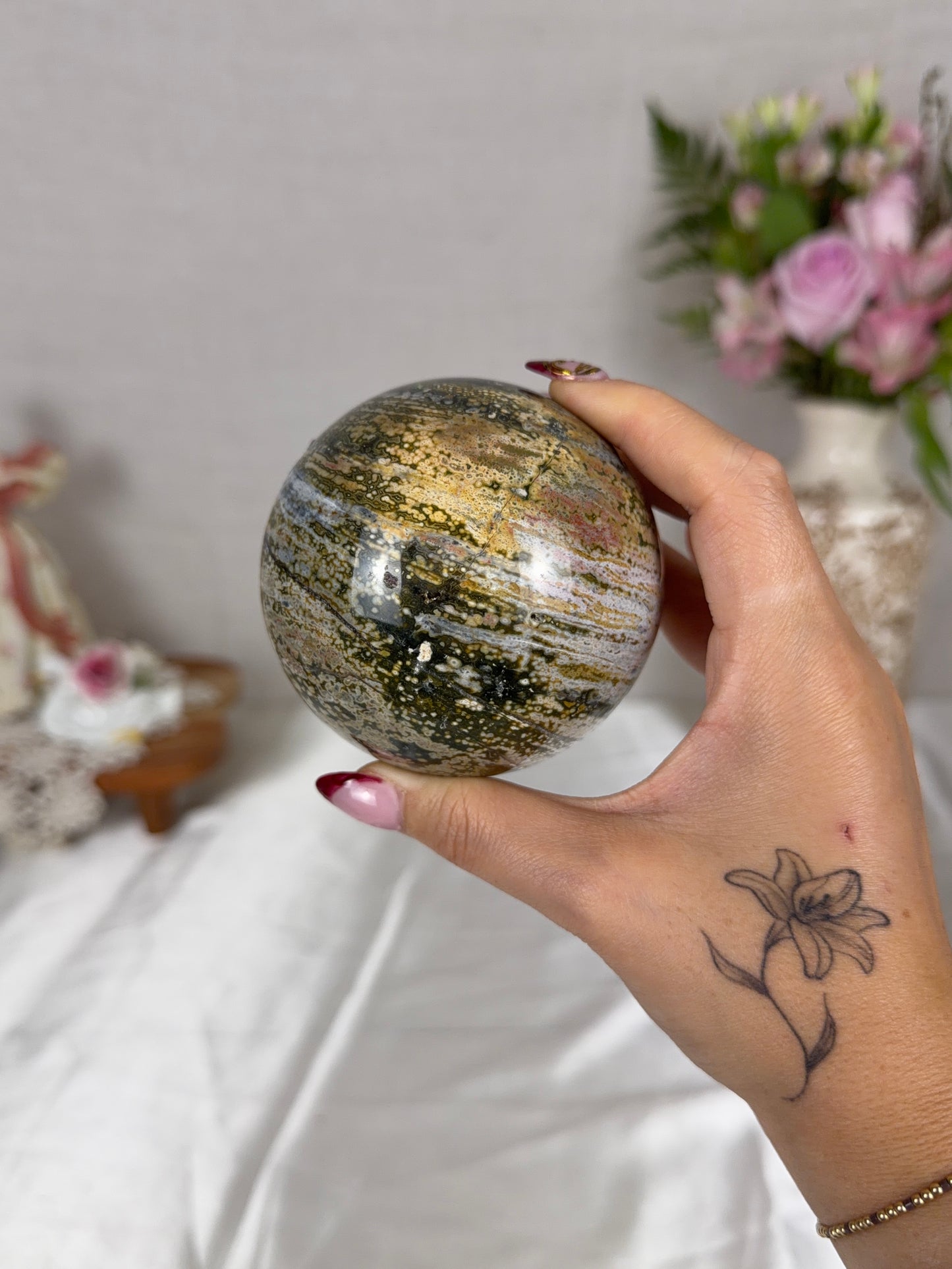 Orbicular Sea Jasper Sphere 81mm (65X)