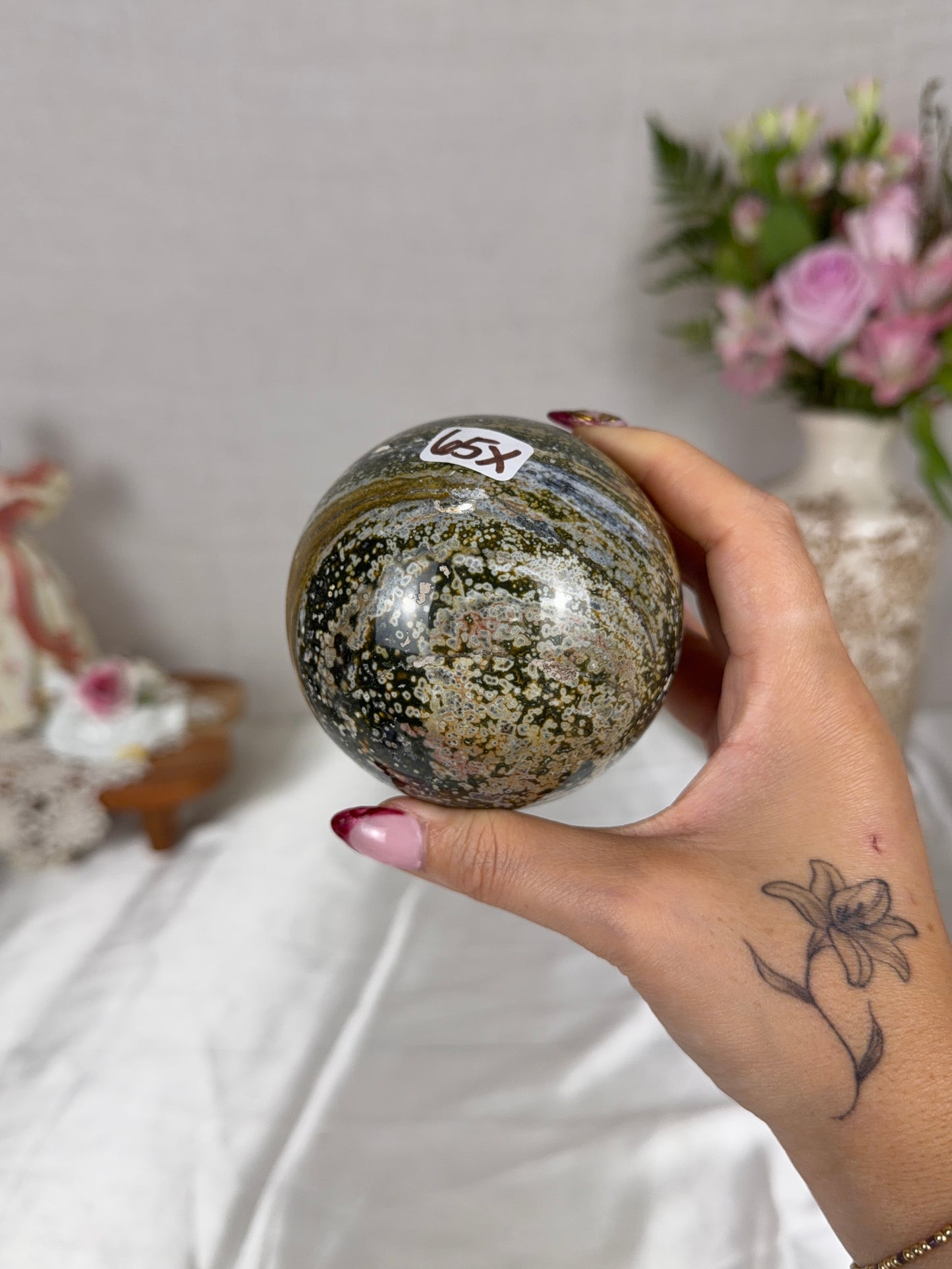 Orbicular Sea Jasper Sphere 81mm (65X)